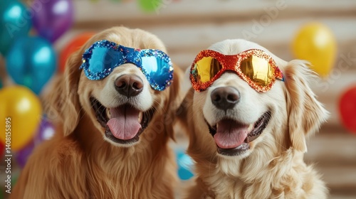 Obraz na płótnie Two ecstatic Golden Retrievers don stylish sunglasses and celebrate life joyfully, emphasizing the fun and playful nature of pets and the happiness they bring into our lives. w salonie
