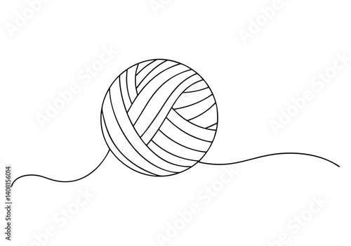 Minimalist black and white continuous line drawing of a ball of yarn with unraveling thread on a clean background in abstract style

