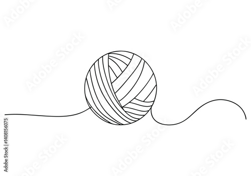 Minimalist black and white continuous line drawing of a ball of yarn with unraveling thread on a clean background in abstract style

