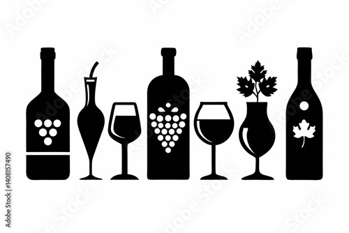wine icon set sihouette black vector bundle