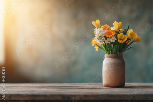 Wallpaper Mural Colorful vase of flowers on a wooden table against a soft background   Torontodigital.ca