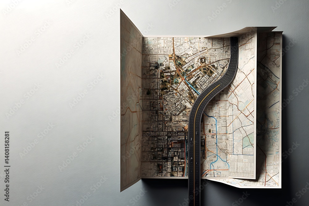 Fototapeta premium A folded map with a 3D highway traversing a detailed cityscape, symbolizing journey and urban planning.