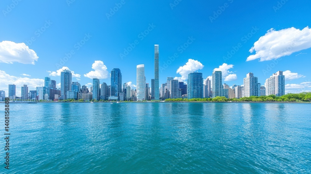Naklejka premium Vibrant City Skyline Reflected in Calm Water Under Blue Sky