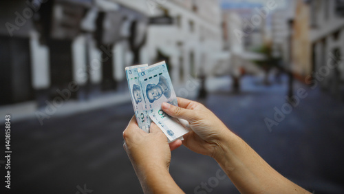 Man holding chinese yuan banknotes on an urban street, showcasing currency against a city backdrop, emphasizing a business financial transaction outdoors.