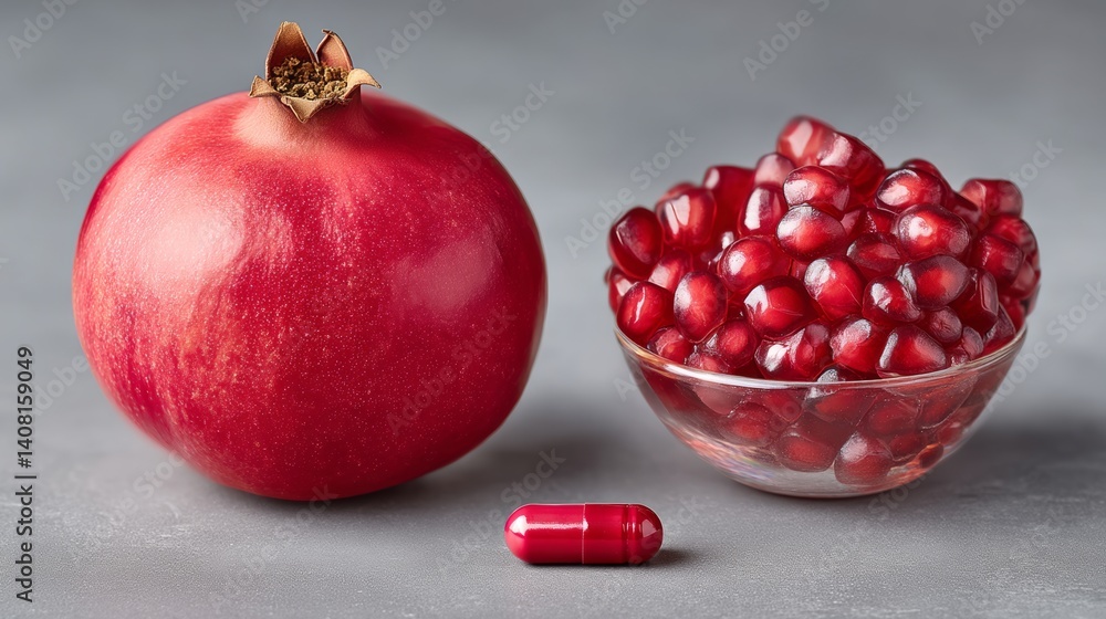 Red fruit sits next to a pill. The fruit is a pomegranate Red fruit sits next to a pill. The fruit is a pomegranate