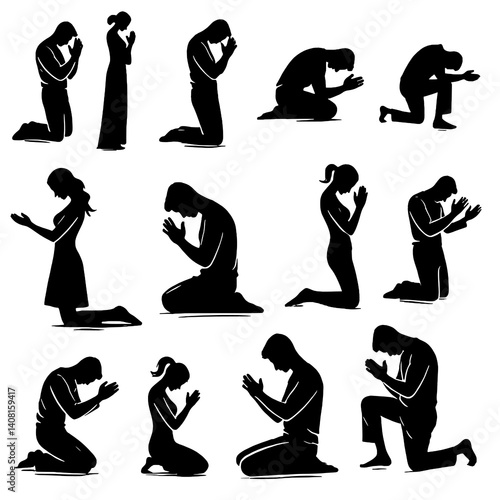 Praying People Silhouettes Set in Various Kneeling Poses set