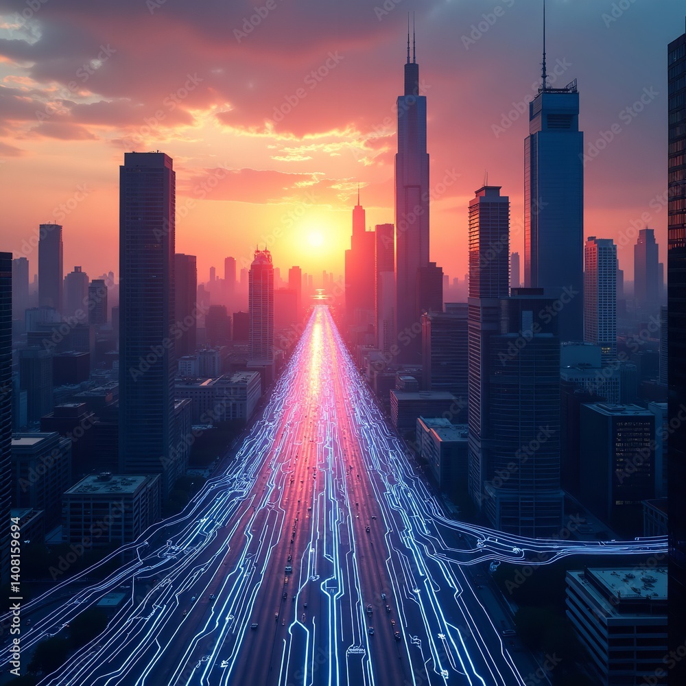 Futuristic city highway at sunset glowing digital network connecting skyscrapers vibrant urban