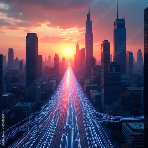 Obraz na płótnie Futuristic city highway at sunset glowing digital network connecting skyscrapers vibrant urban w salonie