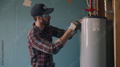Hispanic plumber replacing an old water heater in a basement. Featuring plumbing and home improvement