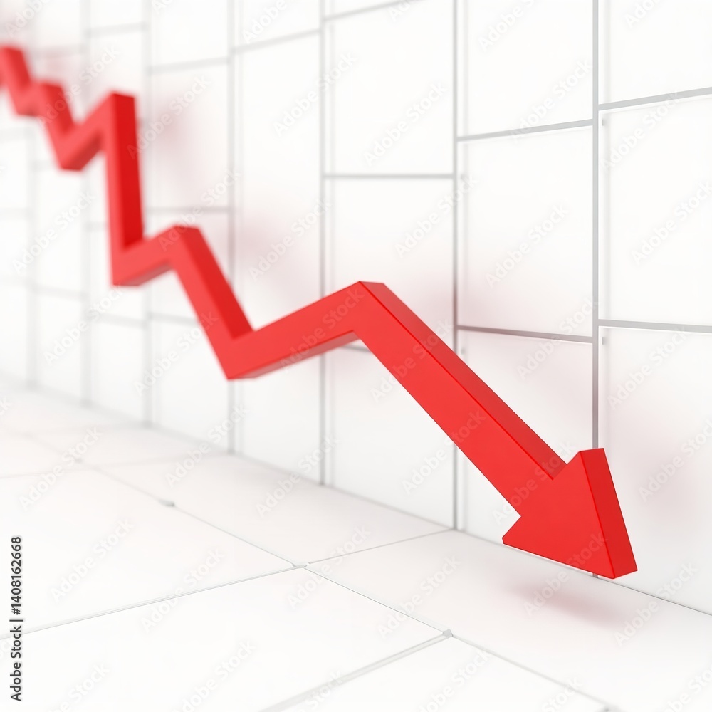 Sharp Red Downward Arrow Graph Showing Market Decline 3D Render White Background