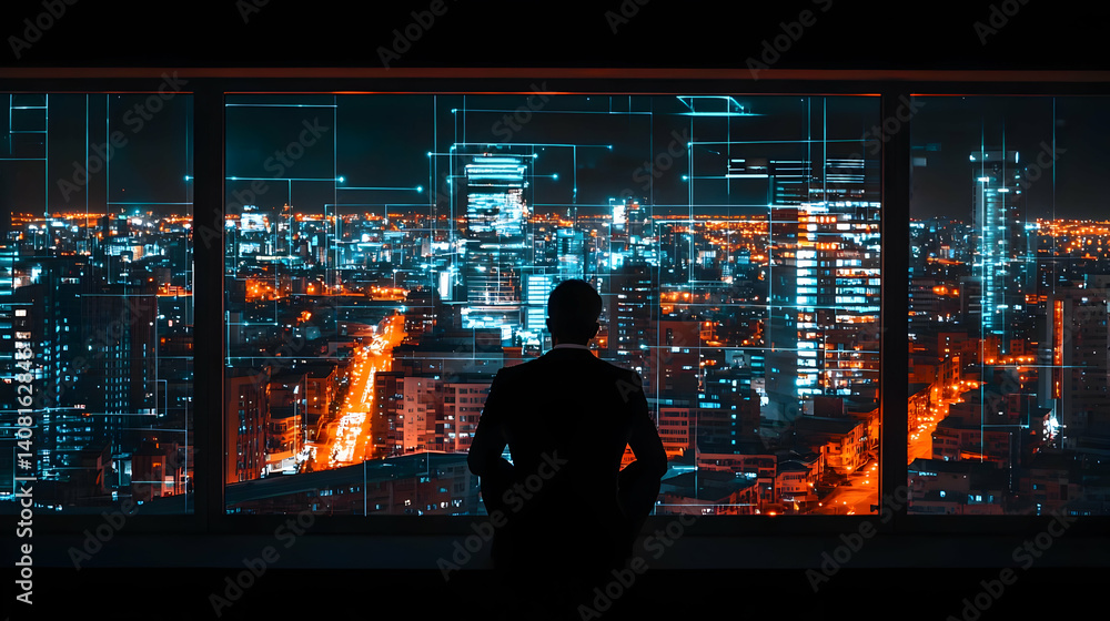 Silhouetted Businessman Contemplating Futuristic Cityscape Through Panoramic Window With Digital Data Overlay At Night Silhouetted Businessman Contemplating Futuristic Cityscape Through Panoramic Window With Digital Data Overlay At Night