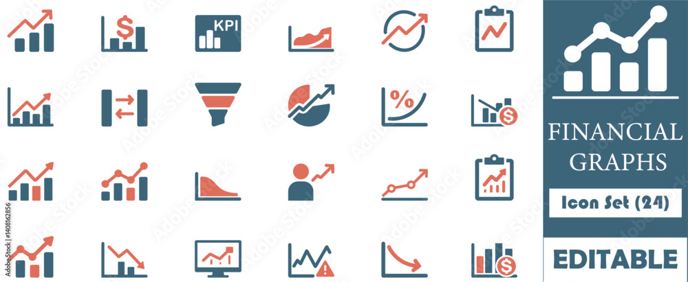 Minimalist financial graphs icon set featuring charts, analytics, and data visuals. Ideal for fintech, business dashboards, and economic presentations.