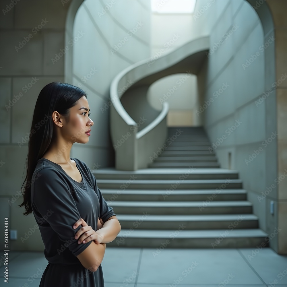 Thoughtful young woman stands arms crossed gazing at a modern staircase in a contemplative moment