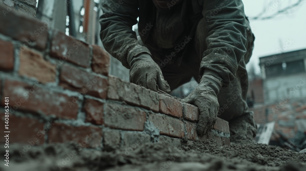 Mason laying bricks for a garden wall. Featuring skill and technique Mason laying bricks for a garden wall. Featuring skill and technique