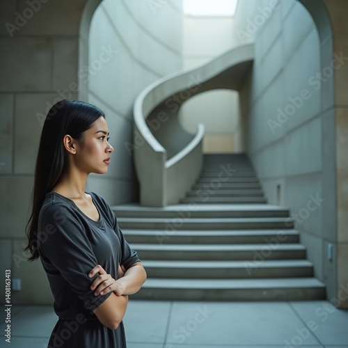 Obraz na płótnie Thoughtful young woman stands arms crossed gazing at a modern staircase in a contemplative moment w salonie