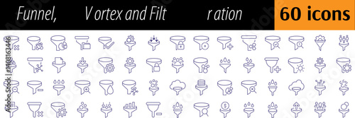 Collection of Filter Related Line Icons. Vortex, Funnel Outline Signs for Graphic and Web Design, Apps, Adverts, Various Cards