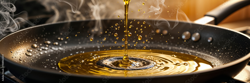 close up of oil pouring into a frying pan