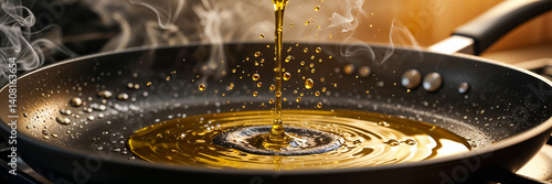Obraz na płótnie close up of oil pouring into a frying pan w salonie