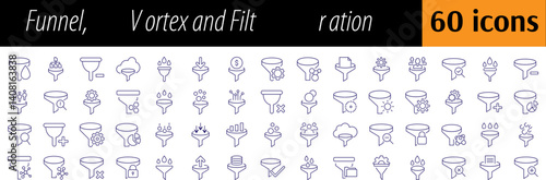 Bundle of Filter Related Line Icons. Vortex, Funnel Outline Signs for Graphic and Web Design, Apps, Adverts, Various Cards