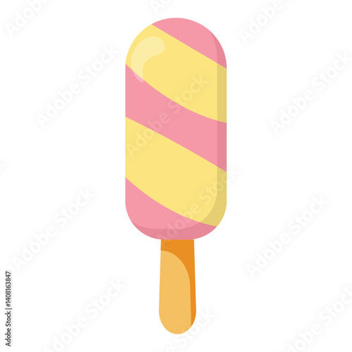 Striped pink and yellow popsicle on a wooden stick, ideal for summer projects, dessert packaging, and playful food illustrations