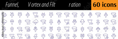 Filter Line Icon Collection. Vortex, Funnel Outline Signs for Graphic and Web Design, Apps, Adverts, Various Cards