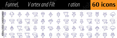 Filter Line Icon Set. Vortex, Funnel Outline Signs for Graphic and Web Design, Apps, Adverts, Various Cards