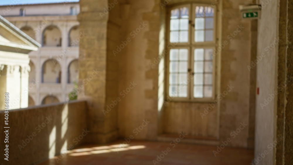 Obraz premium Defocused view of a historic university campus corridor with sunlight streaming through aged stone architecture and windows, evoking a peaceful and scholarly atmosphere.