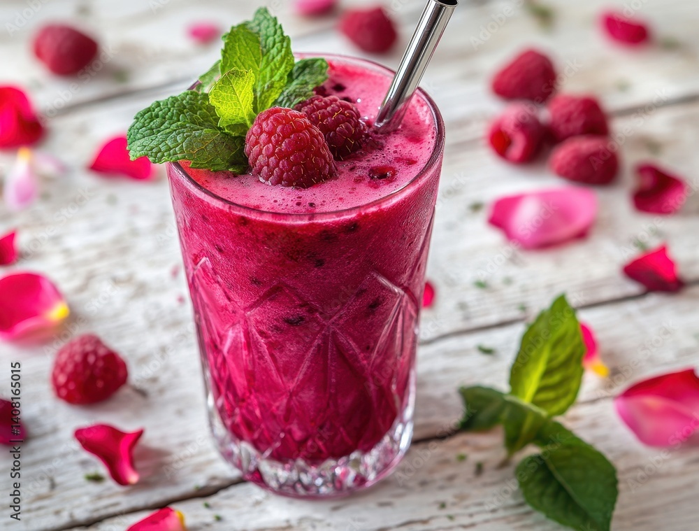 Refreshing Raspberry Smoothie with Mint Leaves in a Clear Glass on a Rustic Wooden Table Surrounded by Rose Petals Refreshing Raspberry Smoothie with Mint Leaves in a Clear Glass on a Rustic Wooden Table Surrounded by Rose Petals