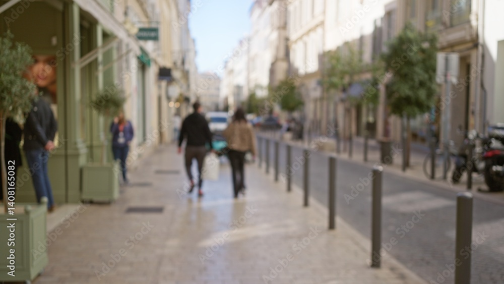 Blurred image of a street in marseilles featuring a man and woman walking outdoors with a bokeh effect in the background, capturing a vibrant european city atmosphere.