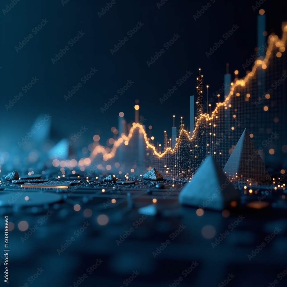 Dynamic growth chart data visualization glowing pyramids dark blue tones abstract 3D render