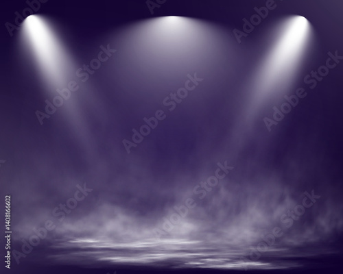 Realistic spotlight stage with fog, dramatic lighting, empty scene, transparent effect, and atmospheric smoke.