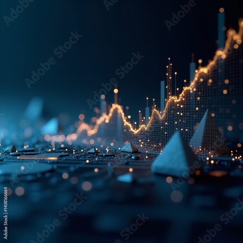 Obraz na płótnie Dynamic growth chart data visualization glowing pyramids dark blue tones abstract 3D render w salonie
