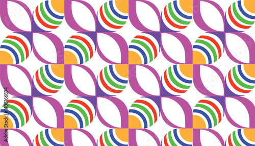 Geometric pattern, interlocking curves, vibrant colors, purple pink yellow blue, retro design, seamless repeat, abstract shapes, curved lines, playful composition, 1970s style, graphic art