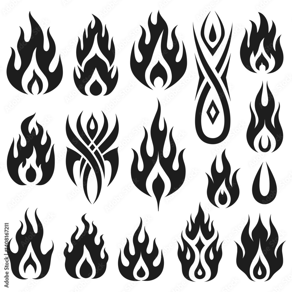 Naklejka premium Fire flames silhouette set vector on a white background 