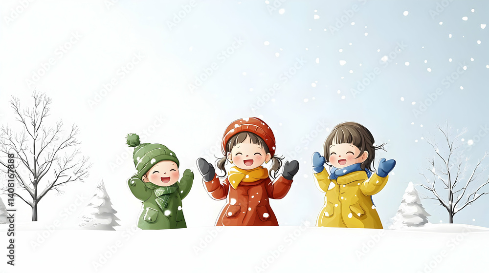 Naklejka premium Three Joyful Children Playing In A Snowy Winter Wonderland With Snow Covered Trees
