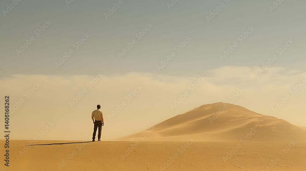 Man Exploring Vast Desert Landscape With Rolling Sand Dunes Under Blue Sky On Sunny Day Man Exploring Vast Desert Landscape With Rolling Sand Dunes Under Blue Sky On Sunny Day