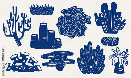 Isolated underwater sea coral reef and seaweeds algae, vector cartoon icons. Undersea and ocean underwater fauna and marine plants silhouette