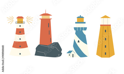 Set of lighthouse with beacon lights. lighthouse buildings icons with blue, red, white stripes and searchlight beams.