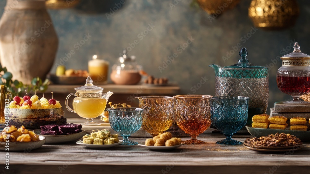 Exotic Sweets and Drinks Still Life on Wood Table Close Up Exotic Sweets and Drinks Still Life on Wood Table Close Up