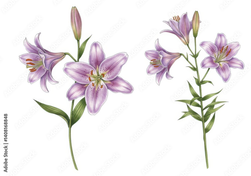 Watercolor painting of purple lilies botanical illustration isolated on white background Watercolor painting of purple lilies botanical illustration isolated on white background
