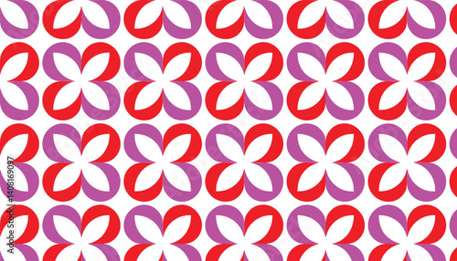 Retro floral pattern, geometric shapes, red and pink petals, white background, symmetrical design, repeating motif, 1960s style, abstract flowers, bold colors, seamless pattern, mod aesthetic