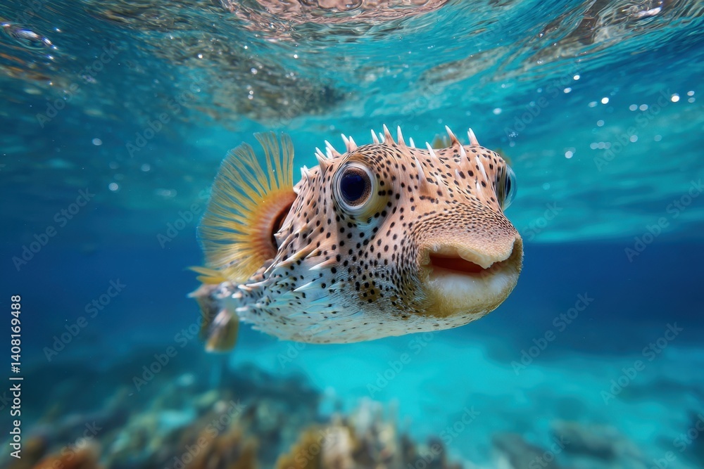 Fototapeta premium A curious pufferfish displays detailed spines and a gentle expression while floating in shallow, sunlit water for marine holiday visuals.