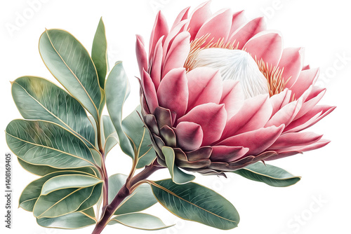 Fototapeta Naklejka Na Ścianę i Meble -   protea flower with spiky pink petals and thick green leaves, isolated on white background, exotic botanical look



