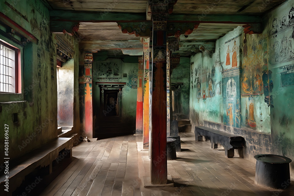 Fototapeta premium Ancient Buddhist Monastery Interior: Serene and peaceful atmosphere in a traditional temple with faded paintings