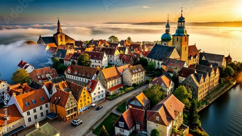 Enchanted Village at Dawn A Serene Aerial View of Tranquil Lakeside Hamlet