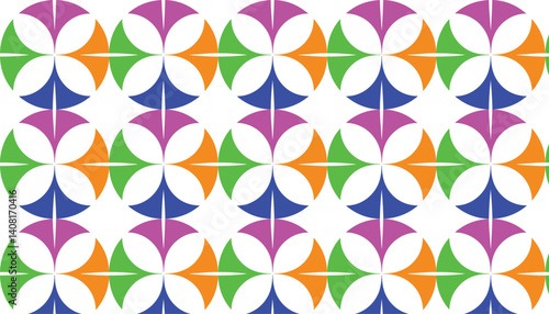 Geometric pattern, colorful shapes, retro design, seamless tiles, vibrant colors, abstract stars, overlapping circles, kaleidoscopic, symmetrical layout, 1960s inspired, mod style, playful composition