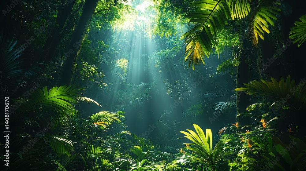 Obraz premium Sunlight Shines Through Lush Green Forest Canopy Creating a Peaceful Atmosphere