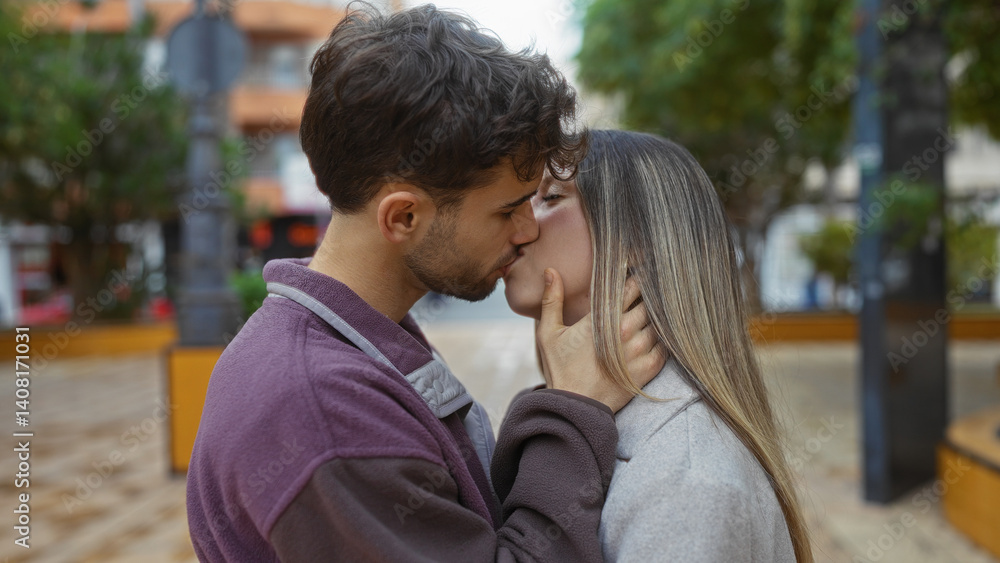 Fototapeta premium Couple kissing passionately outdoors in urban park setting, capturing love and intimacy between young man and woman amid city backdrop.