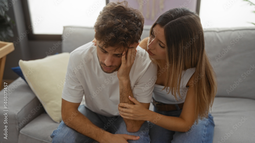 Man with woman comforting sitting in home interior expressing support and relationship concerns on couch in living room showing emotions and connection Man with woman comforting sitting in home interior expressing support and relationship concerns on couch in living room showing emotions and connection