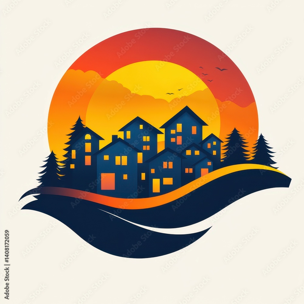 Naklejka premium Evening skyline of houses under a vibrant sunset with an orange sky and silhouettes of trees in the foreground